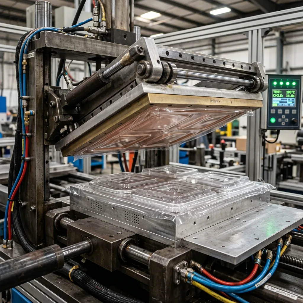 Vacuum forming machine producing thermoformed trays